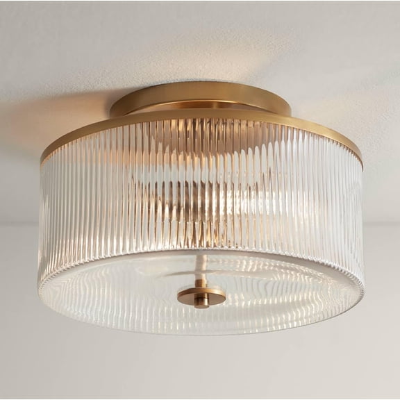 Mid Century Modern 2-Light Semi Flush-Mount Ceiling Light Fixture, 14" Drum Round, Warm Brass Finish, Ribbed Glass Metal, for Kitchen, Foyer, Hallway, Bedroom, Bathroom, Entryway