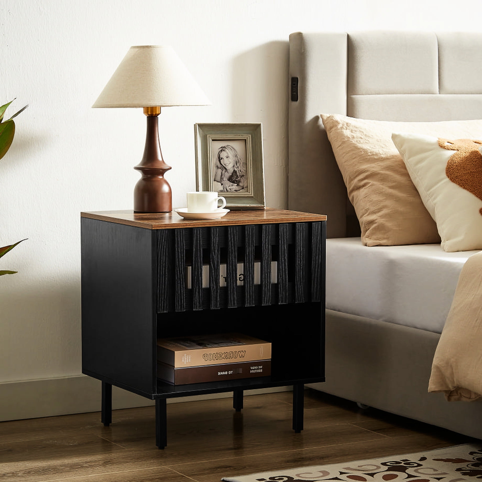 Mid Century Modern 2 Nightstands, Grille Striped Doors Bedside Tables ...