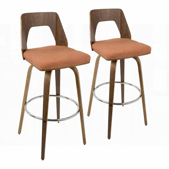 Mid-Century Modern 2-Piece Barstools in Walnut with Orange Fabric - Set of 2