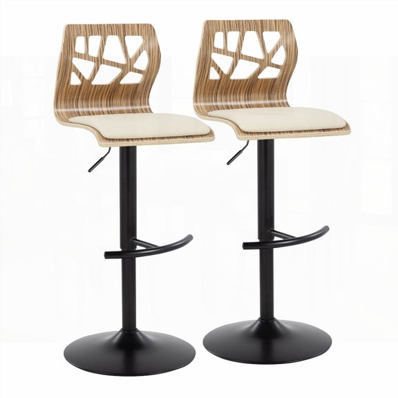 Mid-Century Modern 2-Piece Barstools with Black Metal, Zebra Wood & Cream Faux Leather - Swivel & Rounded T Footrest
