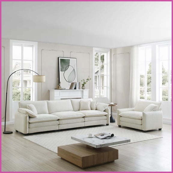 Mid-Century Modern 2-Piece Sofa Set - 3-Seater & 1-Seater Beige Corduroy with 6 Pillows for Living Room