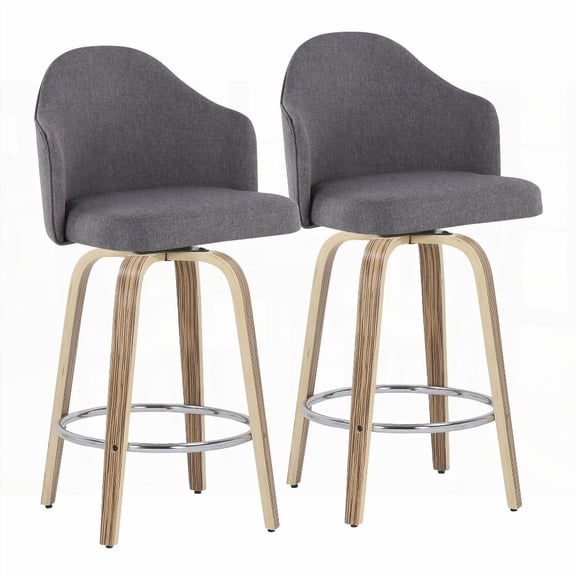 Mid-Century Modern 2-Piece Stools with Grey Fabric & Zebra Wood Legs - Set for Home
