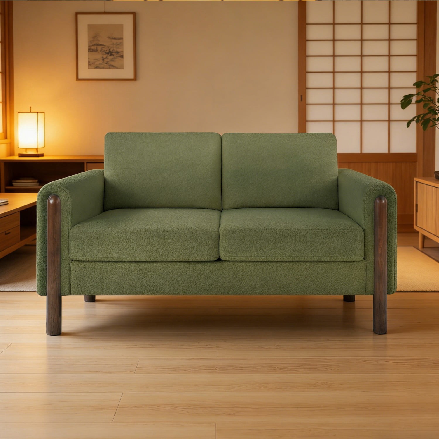 Mid Century Modern 2 Seater Loveseat Sofa Teddy Fabric Upholstered Couch with Walnut Legs and Back Pillows for Living Room Bedroom Office, Green