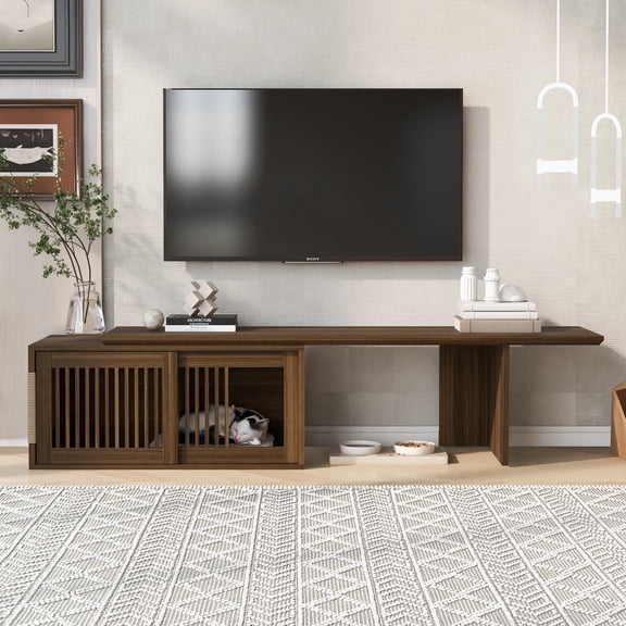 Mid-Century Modern 2 in 1 Cat Furniture 78" Extendable Walnut TV Stand (up to 100"), Entertainment Center Litter Box Enclosure with Cat Scratcher