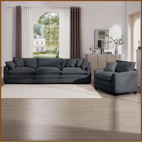 Mid-Century Modern 3+1 Seater Sectional Set - Grey Corduroy Fabric with 6 Pillows for Living Room