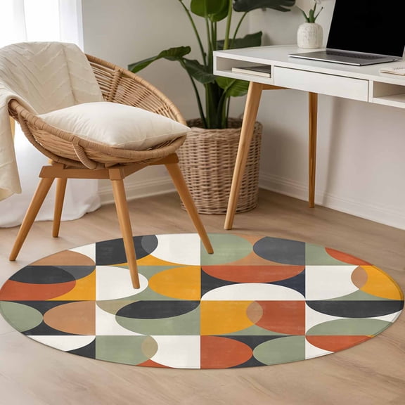 Mid-Century Modern 3.3ft Round Rug for Bedroom Reading Corner, Abstract Geometric Semicircle Green Washable Non Slip Circle Area Rug