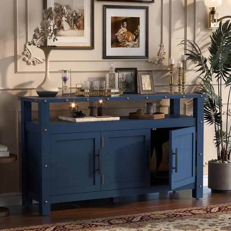 Mid-Century Modern 3-Door Buffet Sideboard Console Table with Nailhead Trim, 2-Tier Open Shelving Coffee Bar Storage Cabinet