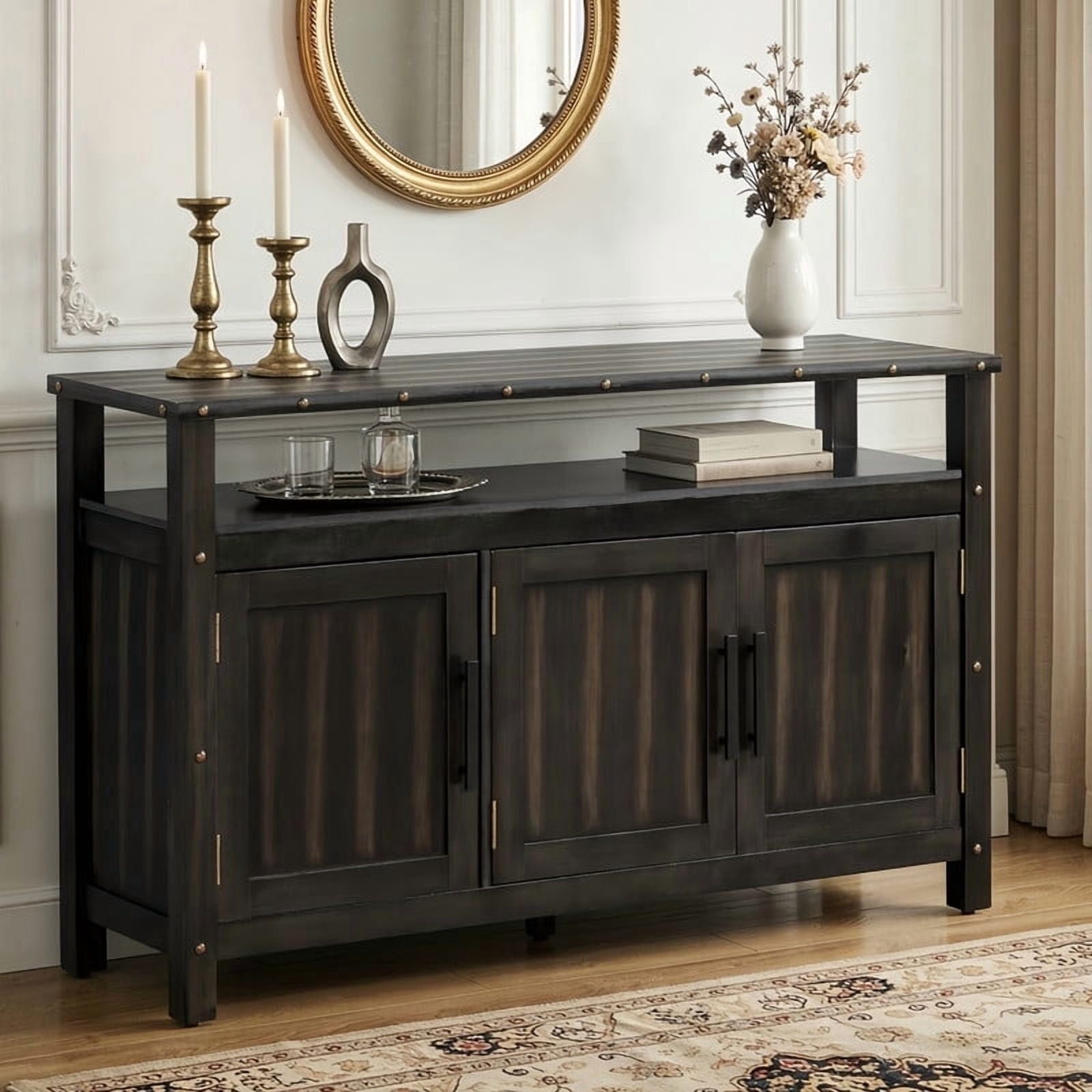 Mid-Century Modern 3-Door Buffet Sideboard Console Table with Nailhead Trim, 2-Tier Open Shelving Coffee Bar Storage Cabinet
