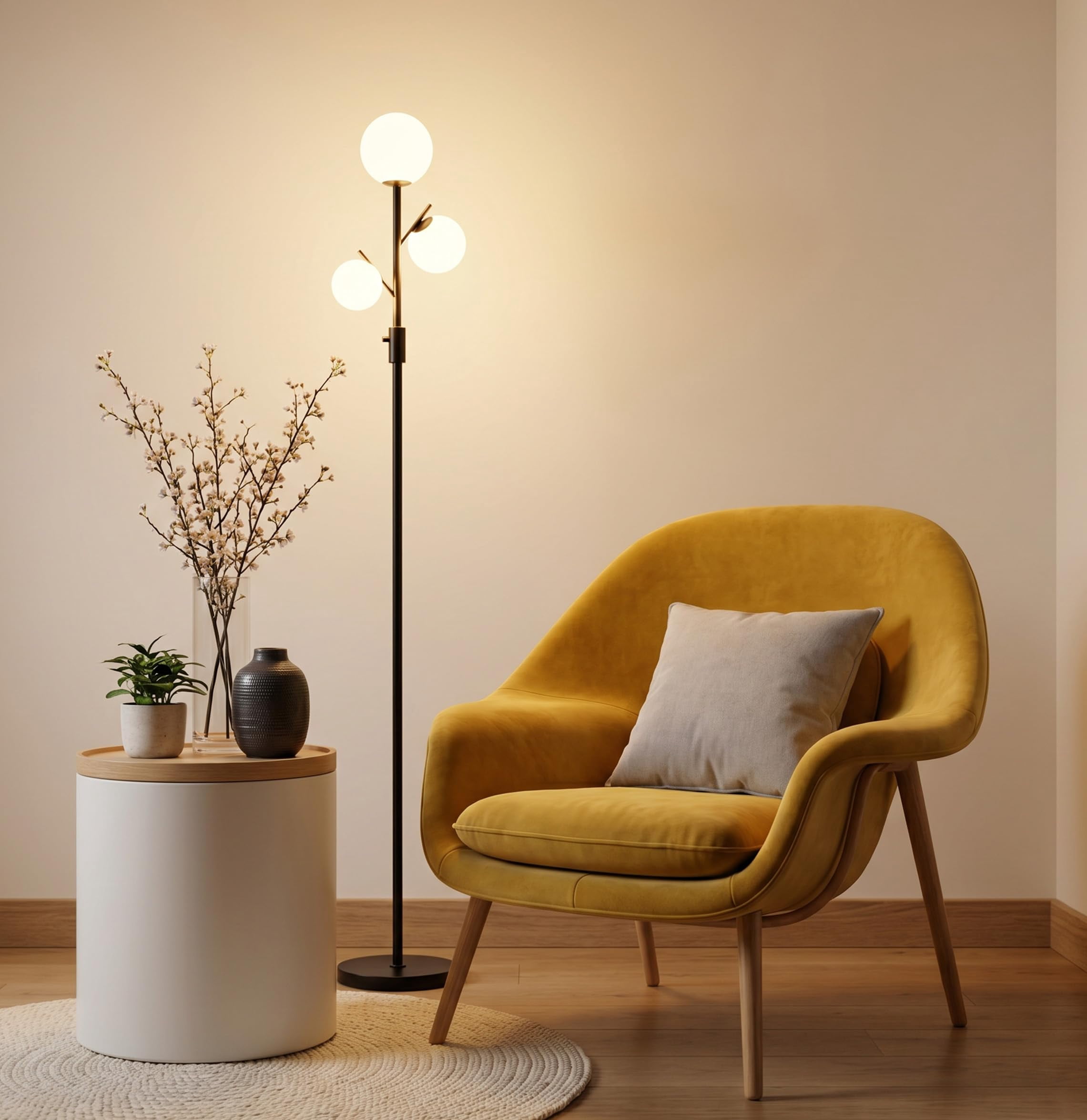 Mid Century Modern 3 Globe Tree Floor Lamp - Dimmable Led Standing With Bulbs  Warm Light For Living Room Bedroom Office Black