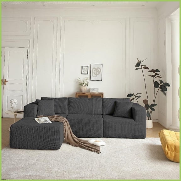 Mid-Century Modern 3-Seat L-Shaped Sectional Sofa  Grey Left with Breathable Fabric & No Assembly