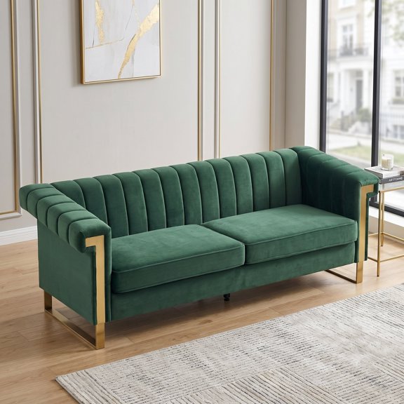 Mid-Century Modern 3-Seat Velvet Sofa Couch, Upholstered Deep Seat Couch in Retro Green