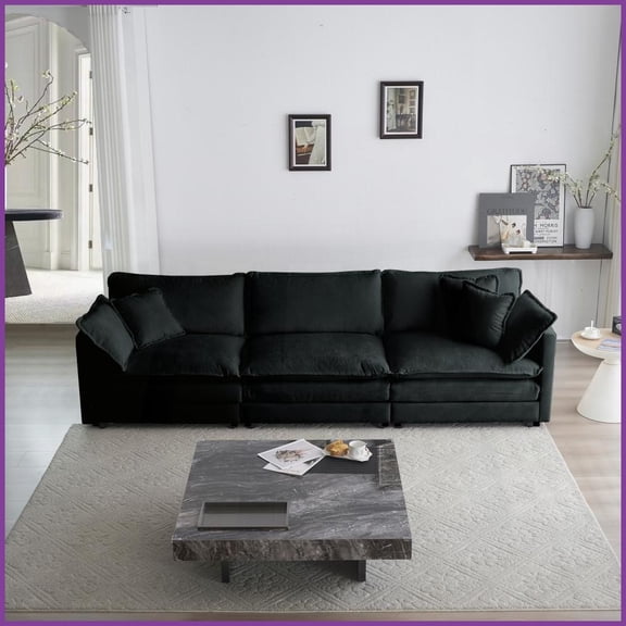 Mid-Century Modern 3-Seater Black Chenille Sofa with 5 Pillows – Ideal for Living Room