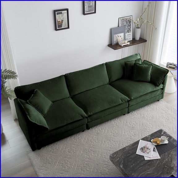 Mid-Century Modern 3-Seater Chenille Sofa with 5 Pillows - Green Living Room Couch with Solid Wood Frame