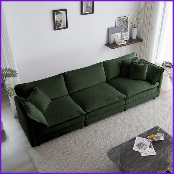 Mid-Century Modern 3-Seater Green Chenille Sofa with 5 Pillows - Living Room Comfort & Style