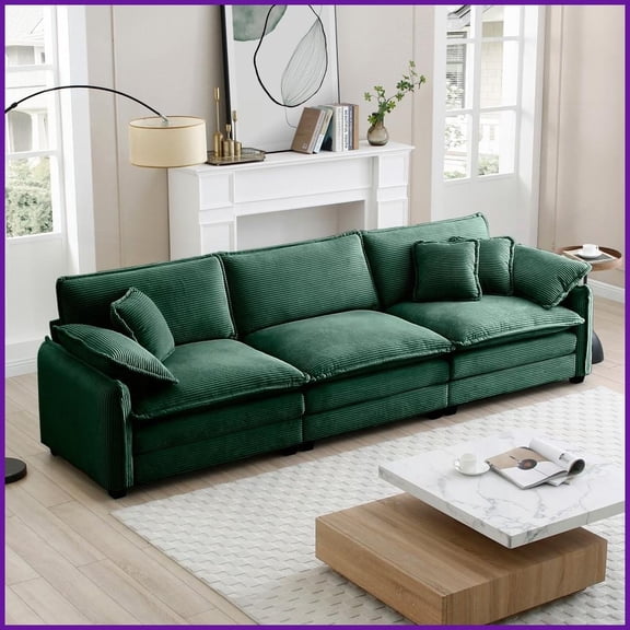 Mid-Century Modern 3-Seater Sectional Sofa  Green Corduroy Fabric with 5 Pillows for Living Room Style & Comfort
