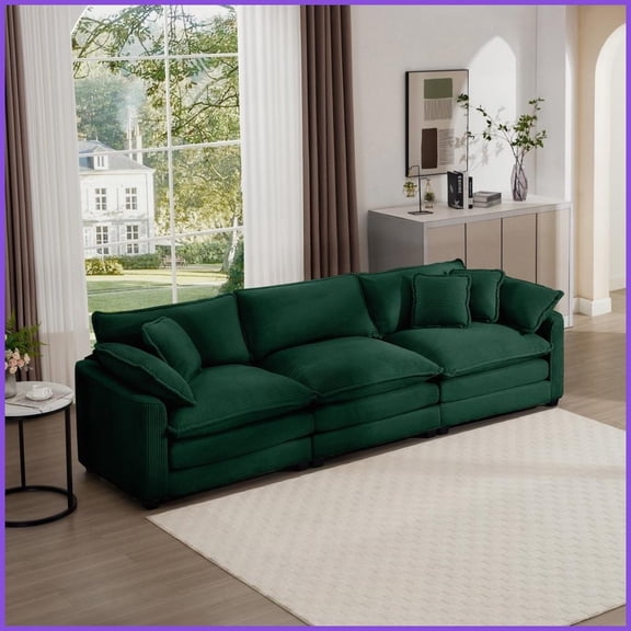 Mid-Century Modern 3-Seater Sectional Sofa  Green Corduroy with 5 Pillows for Living Room