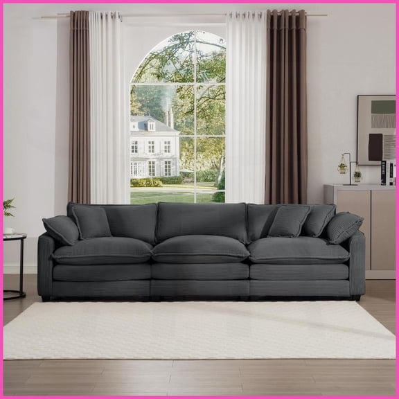 Mid-Century Modern 3-Seater Sectional Sofa - Grey Corduroy with 5 Pillows for Living Room