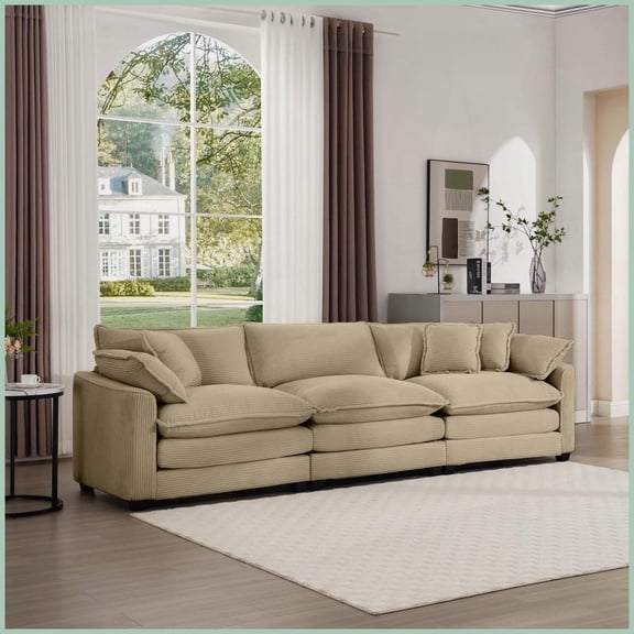 Mid-Century Modern 3-Seater Sectional Sofa - Tan Corduroy with 5 Pillows for Living Room