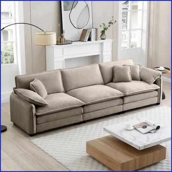 Mid-Century Modern 3-Seater Sectional Sofa with 5 Pillows | Tan Corduroy Fabric | Cushion Back | Flared Arms