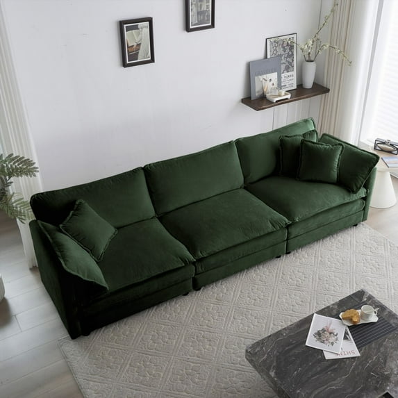 Modern Green Chenille 3-Seater Couch with 2 Armrest & 3 Toss Pillows