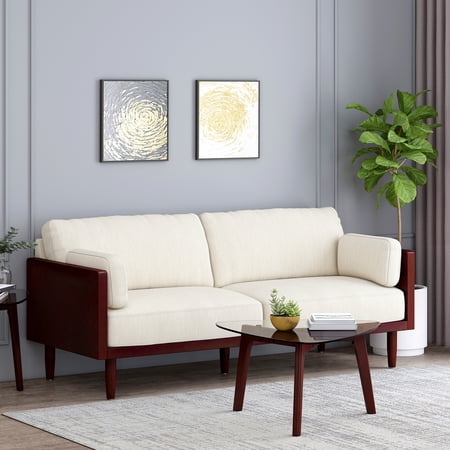 Mid-Century Modern 3-Seater Sofa with Exposed Wood Frame and Upholstered Cushions - Beige