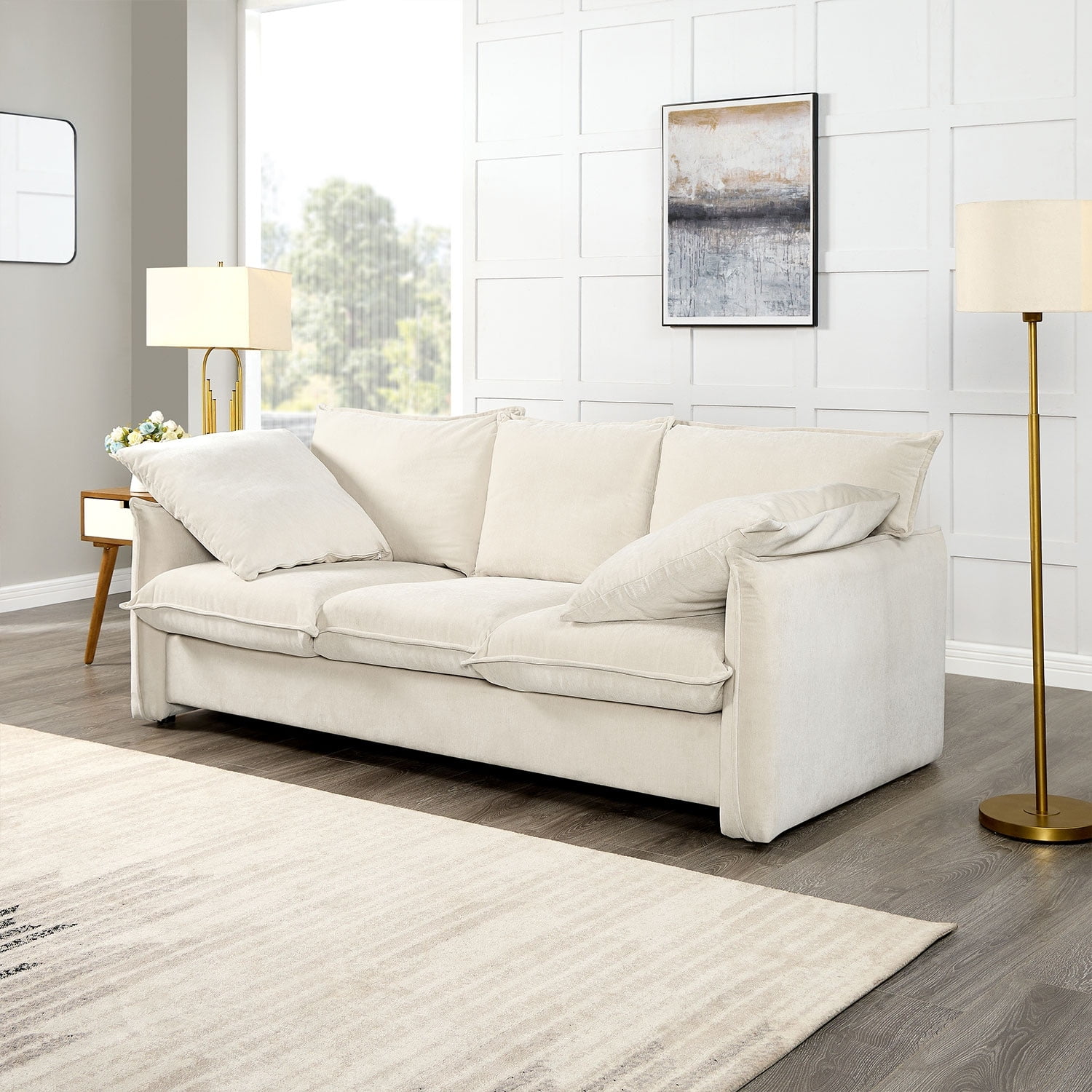 Beige Velvet Mid-Century Modern 3-Seater Sofa