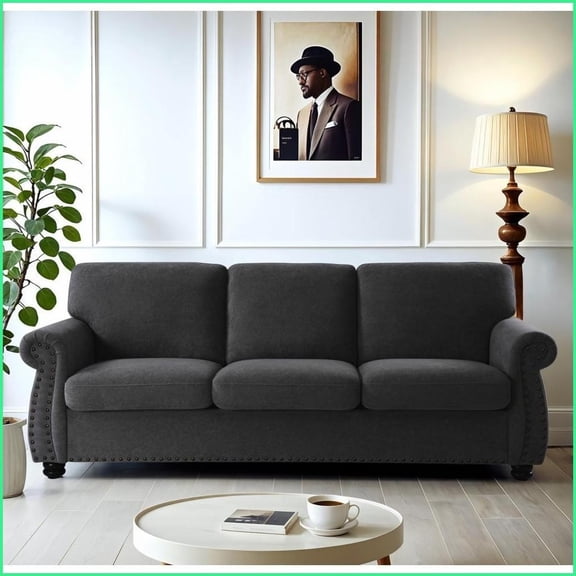 Mid-Century Modern 3-Seater Velvet Sofa – Black Living Room Couch with Solid Wood Legs for Home, Apartment | Velvet | Loose Back | Black