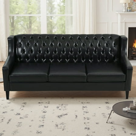 Mid-Century Modern 3 Seats Faux Leather Sofa Button Tufted Couch For Living Room Office Apartment
