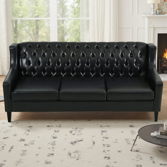Mid-Century Modern 3 Seats Faux Leather Sofa Button Tufted Couch For Living Room Office Apartment