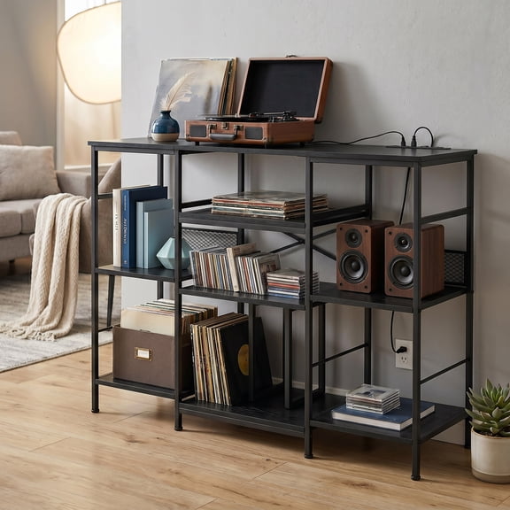 Mid-Century Modern 3-Tier Wooden Media Console – Vinyl Record Storage & Turntable Stand – Entertainment Center with Shelves for Living Room & Bedroom