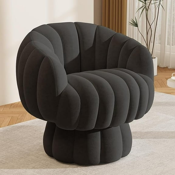 Mid Century Modern 360 Degree Barrel Swivel Accent Sofa Chair,Fluffy Velvet Fabric Lounge Wide Upholstered Pumpkin Reading Chair, Round Cloud Armchair for Living Room,Bedroom,Vanity,Black