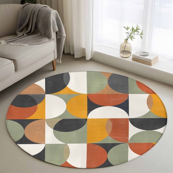 Mid-Century Modern 3FT Round Area Rugs for Living Room Abstract Geometric Semicircle Green Ultra-Thin Non-Slip Round Rugs Machine Washable Low Pile Circle Carpet for Bedroom Kitchen Nursery