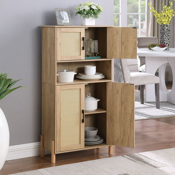 Mid-Century Modern 4-Door Storage Cabinet With Woven Rattan Doors Natural Finish Adjustable Shelves Storage