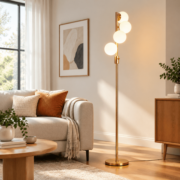 Mid Century Modern 4 Globe Floor Lamp Dimmable Standing With 3000k Warm White Bulbs Included Tall Ambient For Living Room Bedroom
