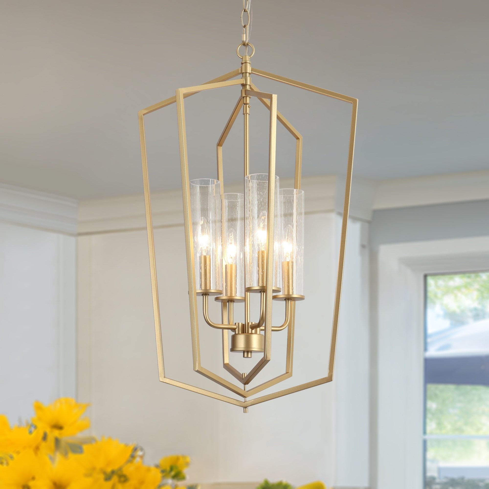 Gold Geometric 4-Light Chandelier with Glass Shades