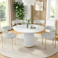 thumbnail image 1 of Mid-Century Modern 46" Round Dining Table Set, Roman Column Groove Base, Stainless Steel Edge Accent, 4 Round Upholstered Chairs, for Kitchens, Living Rooms, Dining Rooms, 1 of 8