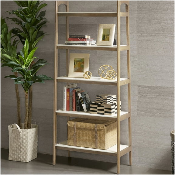 Mid-Century Modern 5-Tier Bookcase Shelf, Off-White & Natural Wood Display Organizer Unit for Living Room, Study