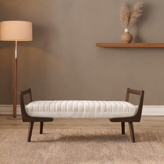 Mid-Century Modern 52-Inch Bench with Channeled Upholstery, Warm Beige Chenille, Walnut Wood Legs
