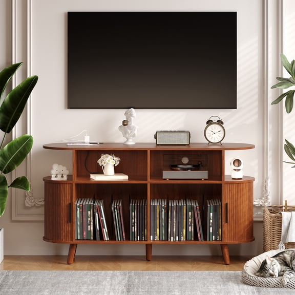 Mid-Century Modern 55in Fluted Wood Record Player Cabinet, Walnut Turntable Table with Built-in Charging Station, USB Ports, Power Outlets & Open Vinyl Storage Shelving for Home Living Space