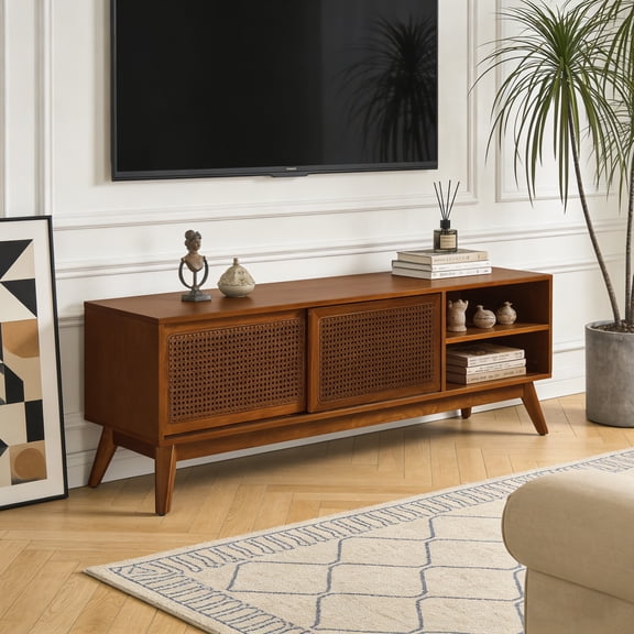 Mid Century Modern 59 Inch Rattan TV Stand Fits Up to 65" TVs, Media Console with Rattan Cabinet Doors & Solid Wood Legs, Light Wood Finish
