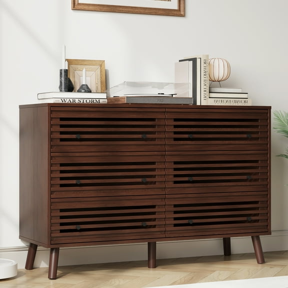 Mid Century Modern 6 Drawers Dresser for Bedroom, 47" Wide Fluted Dresser, Wood Chest of Drawers Organizer for Bedroom, Living Room, Hallway, Closet, Walnut