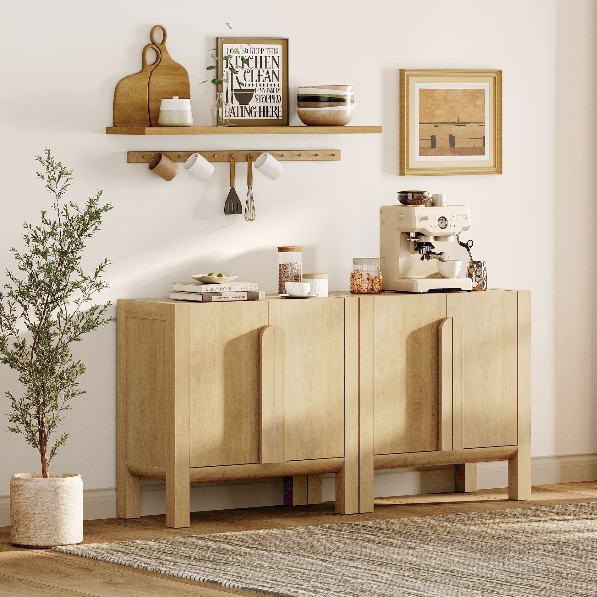 Mid-Century Modern 63" Sideboard Buffet Cabinet with Storage, Wood Credenza with 4 Doors and Adjustable Shelves for Kitchen Living Room, Dining Room
