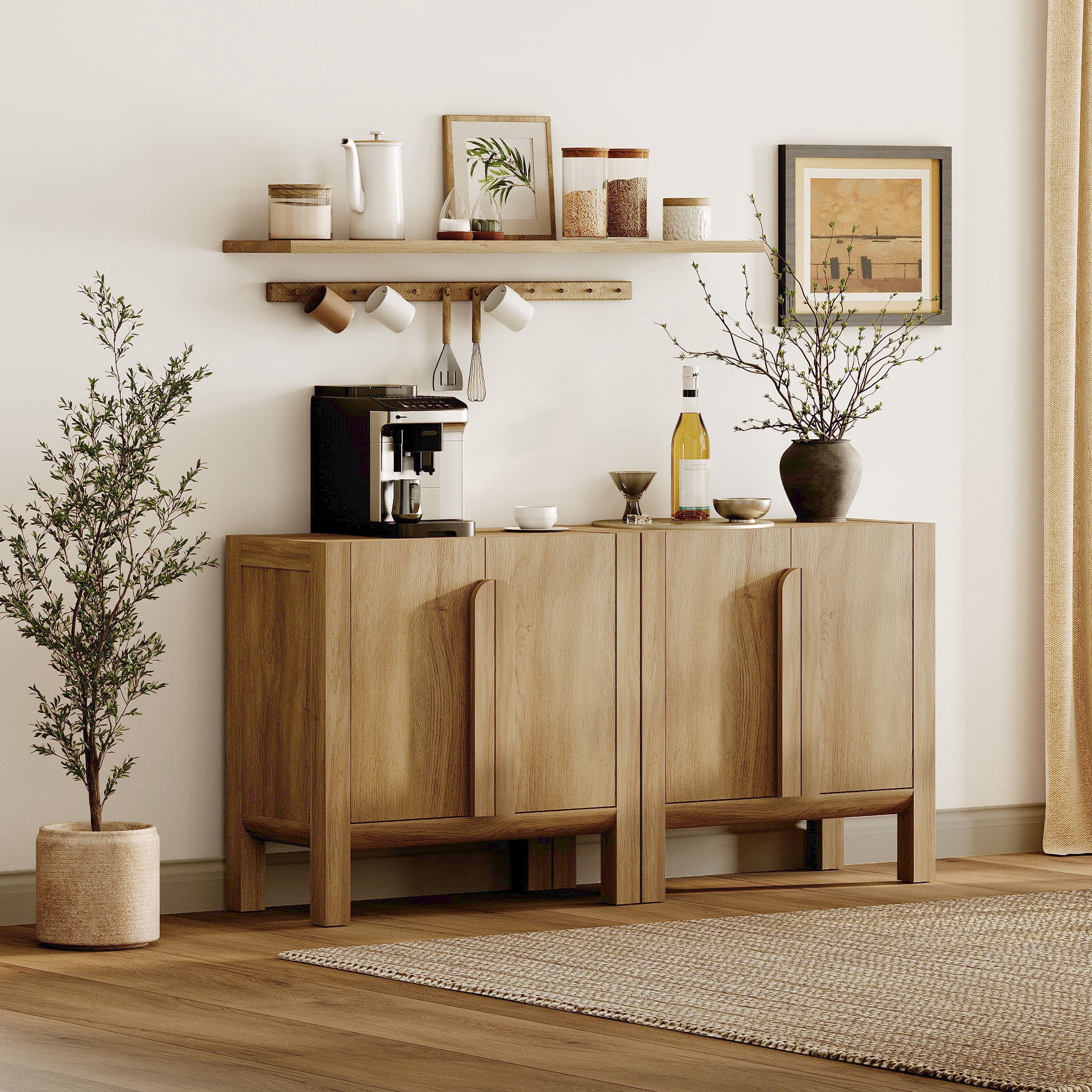 Mid-Century Modern 63" Sideboard Buffet Cabinet with Storage, Wood Credenza with 4 Doors and Adjustable Shelves for Kitchen Living Room, Dining Room