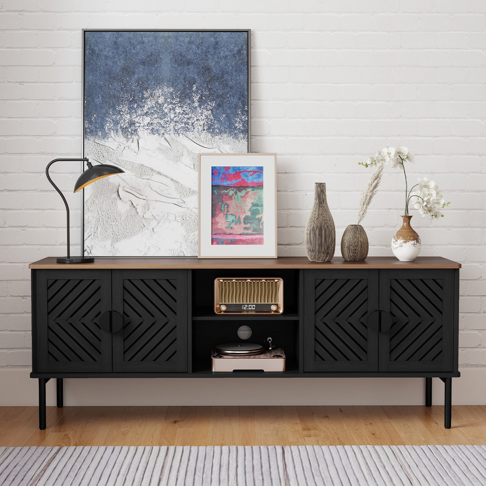 HLR Mid Century Modern 63" TV Stand for 75 inch TV with Storage, Entertainment Center for Living Room, Black