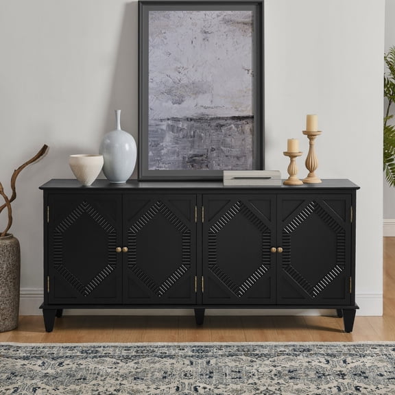 Mid Century Modern 65.2" Sideboard Buffet Cabinet with Storage, Geometric Accent Console Table, Wine Bar Cabinet for Living Room, Entryway, Kitchen, Black