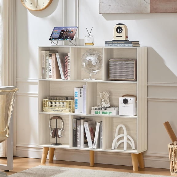 Mid-Century Modern 8 Cube Bookshelf, 3-Tier Wood Bookcase with Legs, Large Open Storage Organizer Shelf, Light Grey White