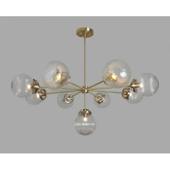Mid Century Modern 9-Light Ribbed Glass Globe Chandelier - Handcrafted Brass Pendant Light Fixture for Dining Room, Living Room, or Kitchen