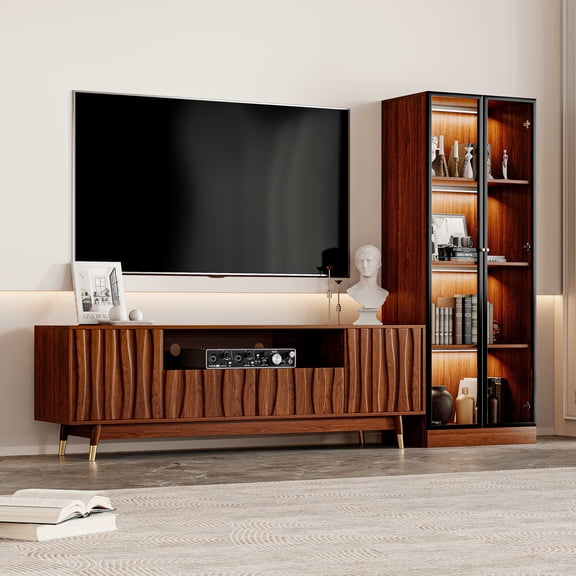 Mid Century Modern 90.6'' Walnut Finish Media Console for TVs up to 75'', Wood Entertainment Center Includes TV Stand with Storage and Glass Display Shelves with Lights for Living Room and Bedroom