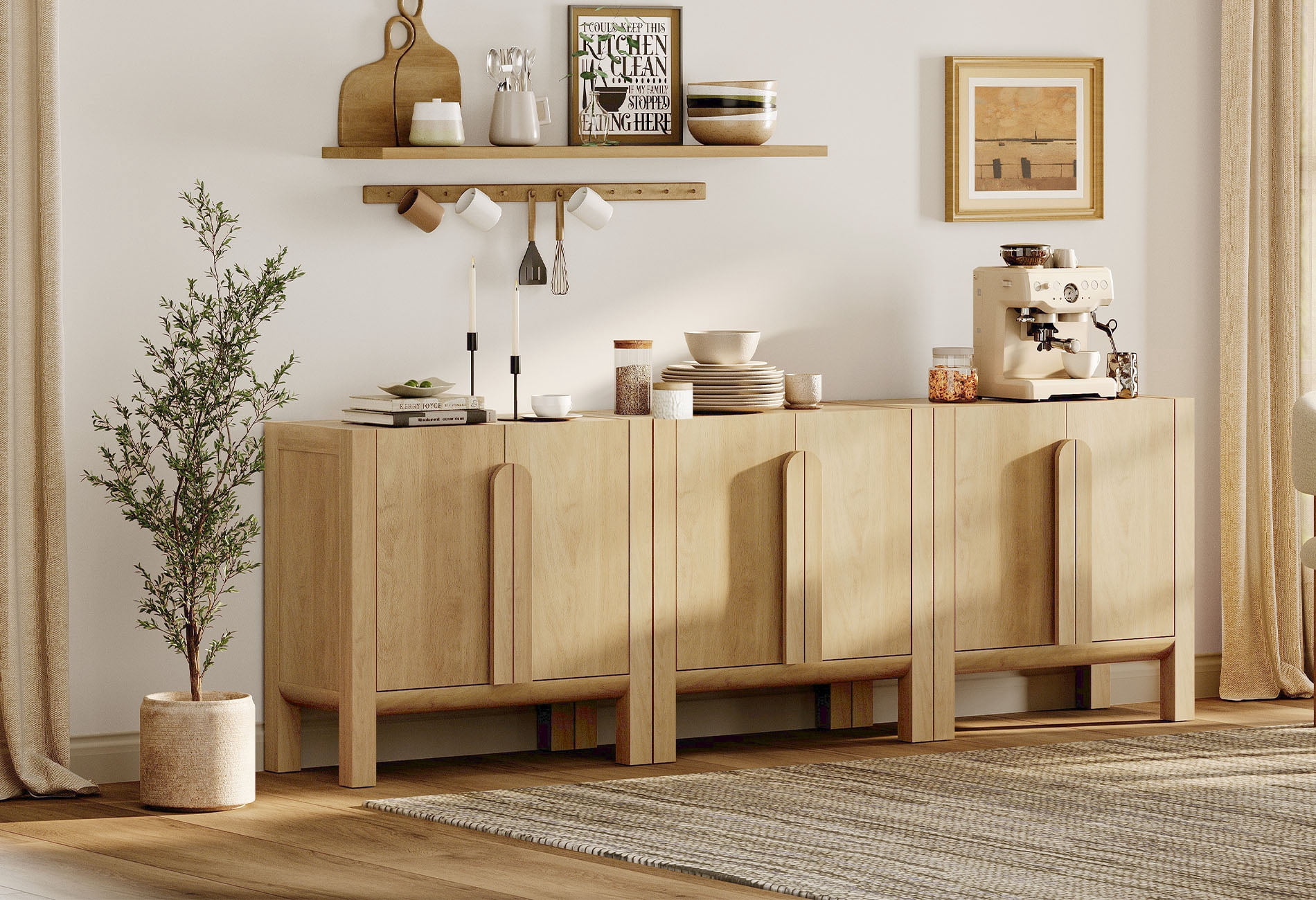 Mid-Century Modern 94.5" Sideboard Buffet Cabinet with Storage, 3-In-1 Wood Credenza with 6 Doors and Adjustable Shelves for Kitchen Living Room, Dining Room
