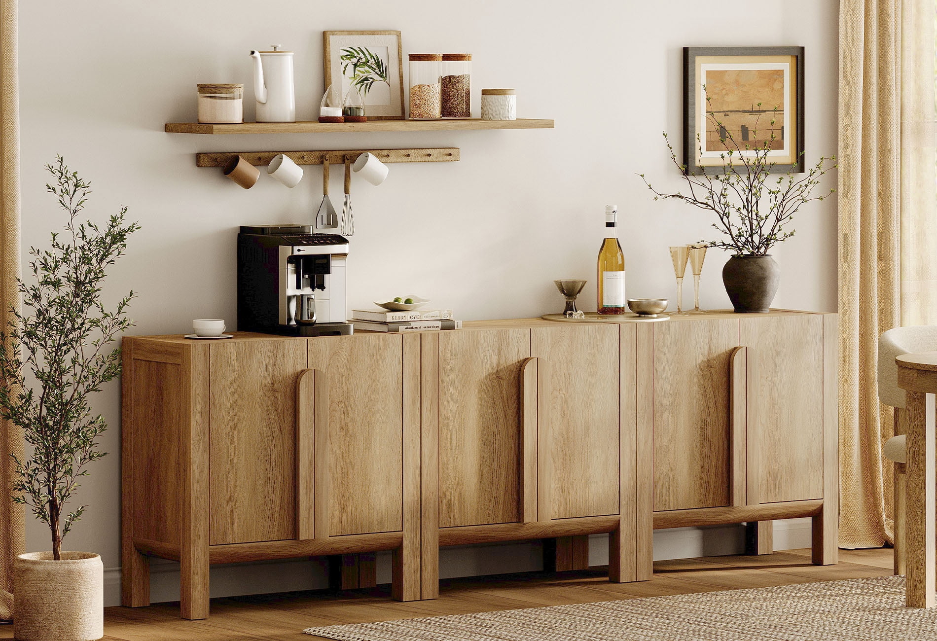 Mid-Century Modern 94.5" Sideboard Buffet Cabinet with Storage, 3-In-1 Wood Credenza with 6 Doors and Adjustable Shelves for Kitchen Living Room, Dining Room